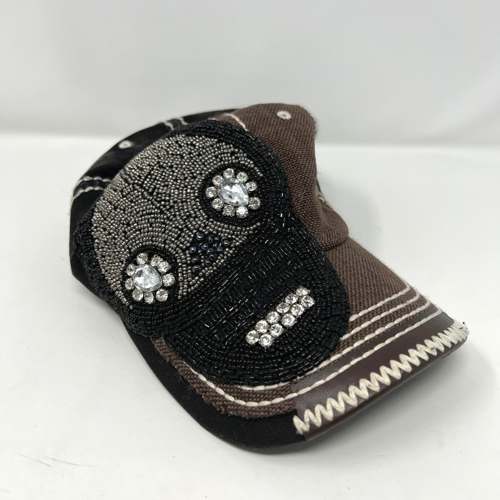 Olive & Pique Baseball Cap Hat Bling Rhinestone Thick Stitch Beaded Skull Y2K